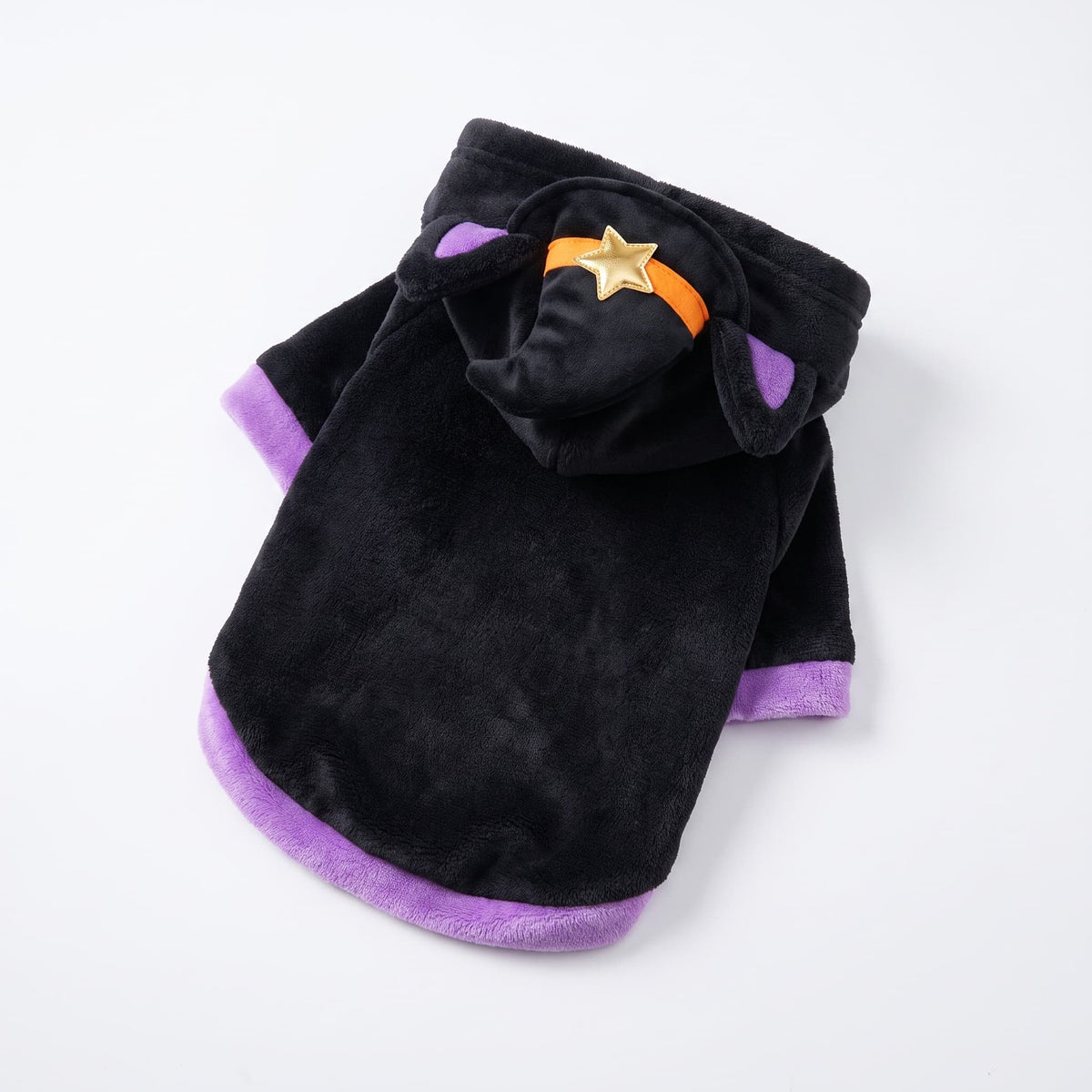 Black pet Halloween costume with purple trim, cat ears and witch hat displayed on a white background