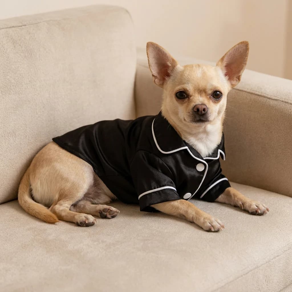 Small Chihuahua resting on a cream sofa while wearing elegant black satin dog pyjamas with white piping
