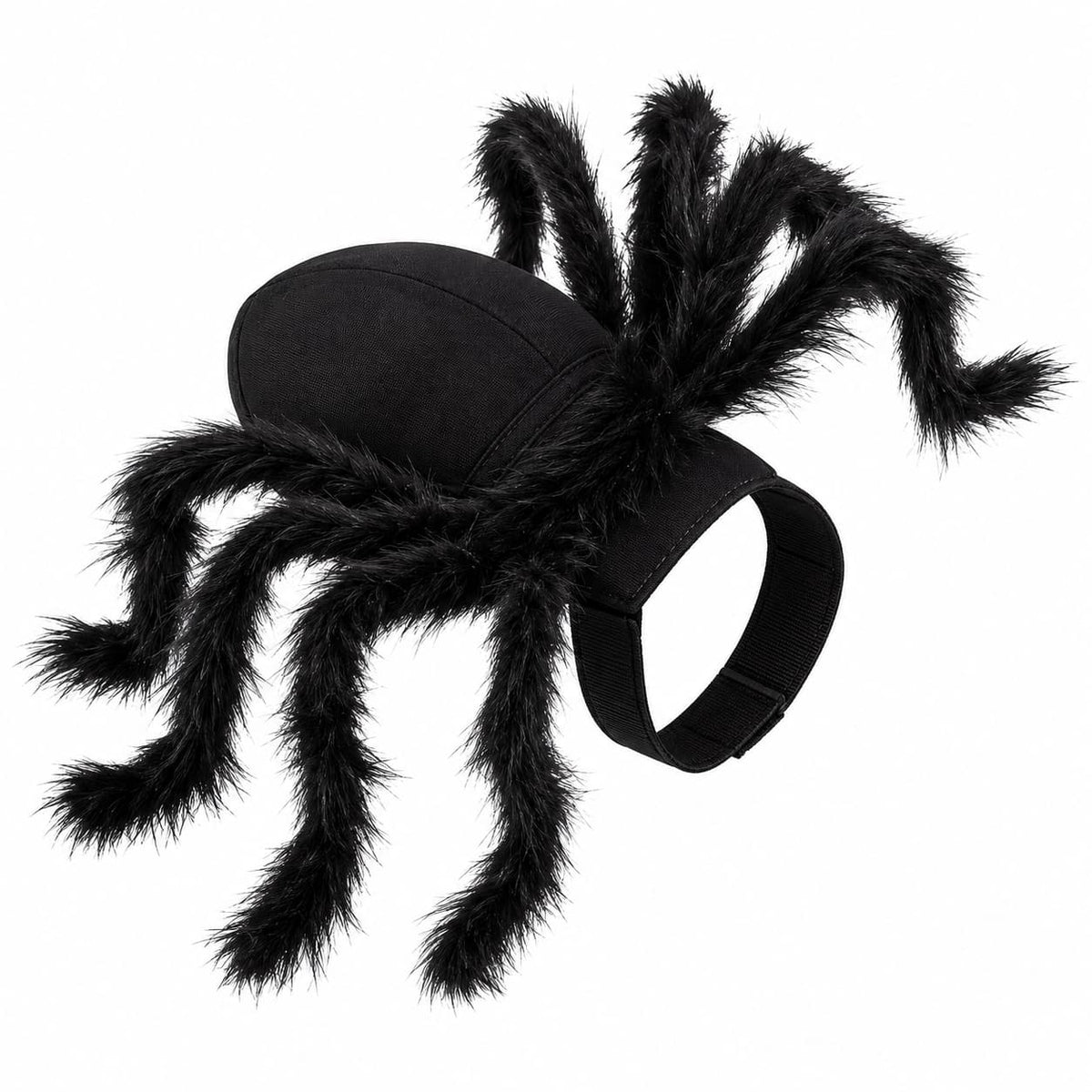 Black furry spider pet costume with multiple plush legs displayed clearly on a clean white background.