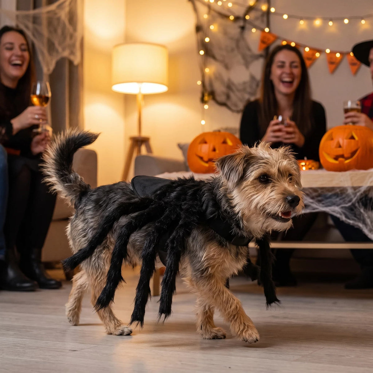Small dog wearing a furry black spider costume indoors during a cosy Halloween celebration with festive decorations.