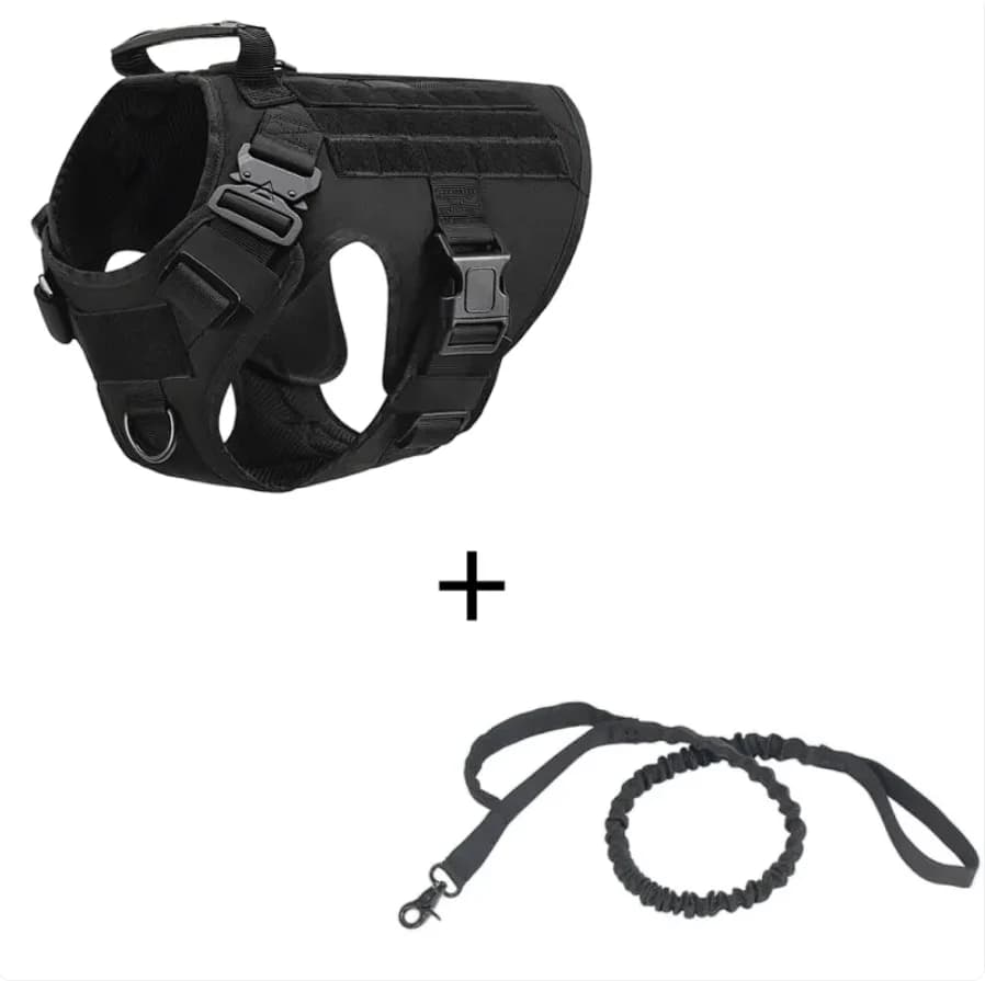 Black tactical dog harness with adjustable buckles, top handle and matching black rope leash on a white background.