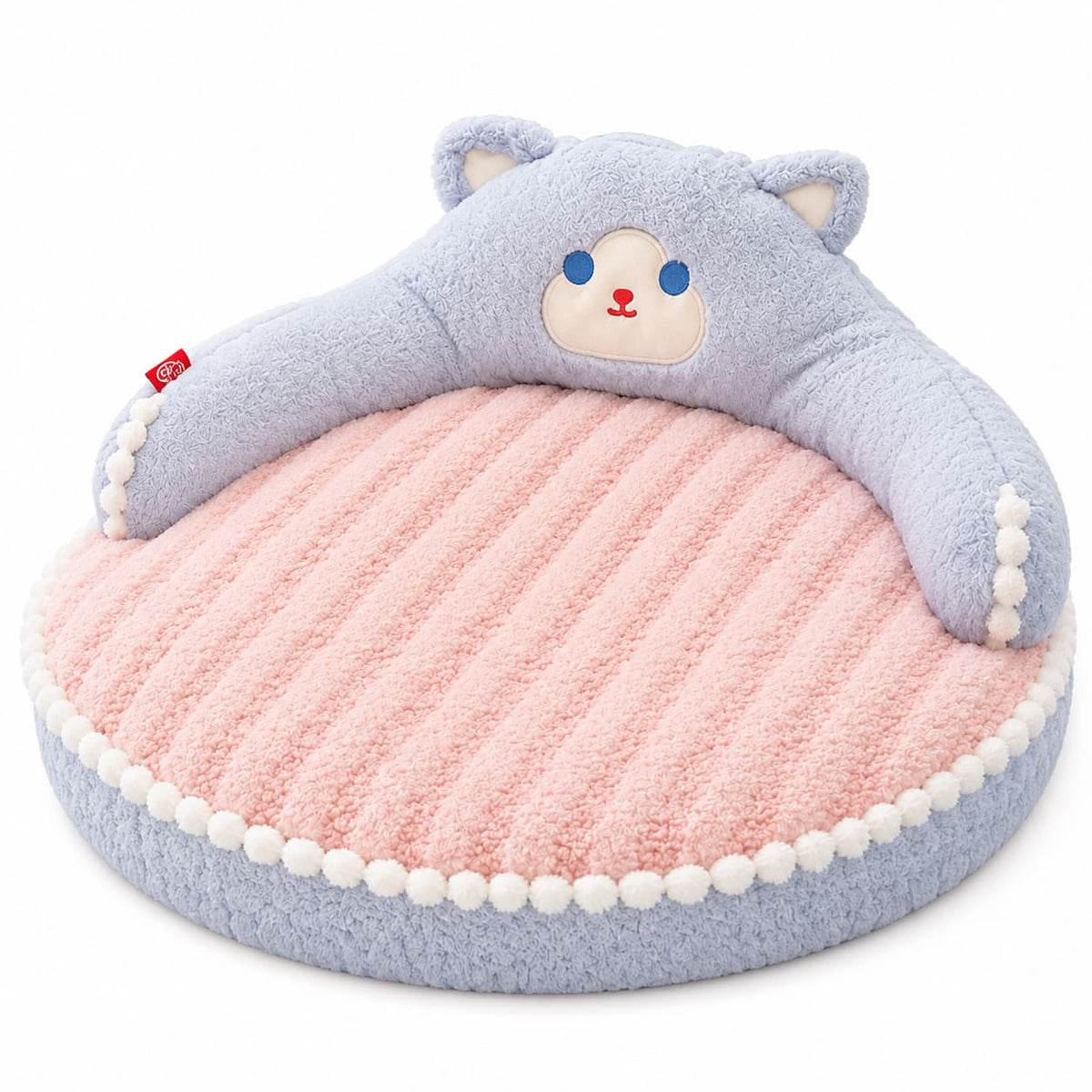 Blue and pink bear shaped plush pet bed displayed clearly on a white background