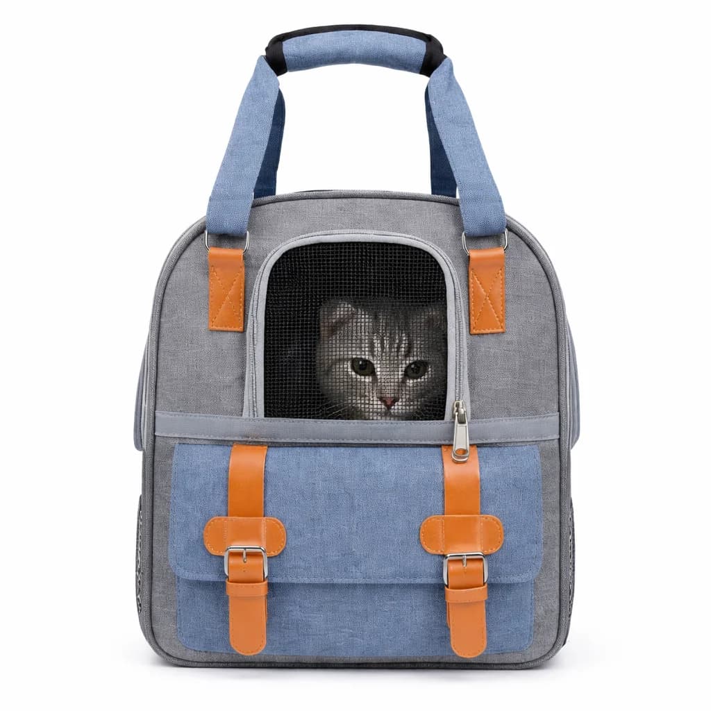 Blue pet carrier backpack with cat visible through the breathable front mesh panel