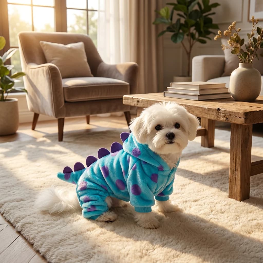 Small white dog wearing a blue dinosaur costume indoors with purple spikes along the back.