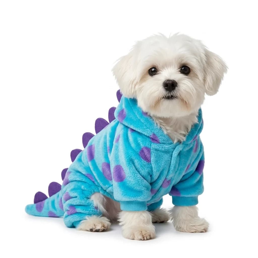 Small white dog modelling a blue dinosaur pet costume with purple spikes on a white background.
