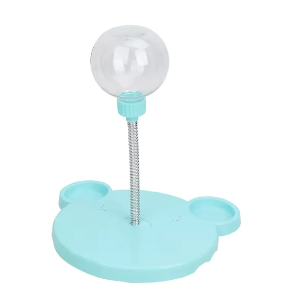 Blue interactive pet treat dispenser toy with upright transparent treat container on a white background