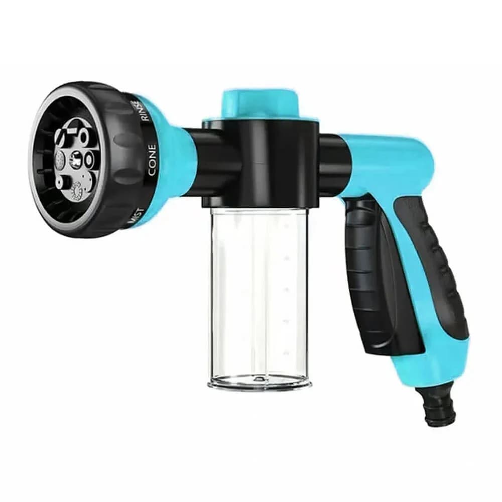 Blue handheld dog bathing sprayer with integrated transparent soap dispenser