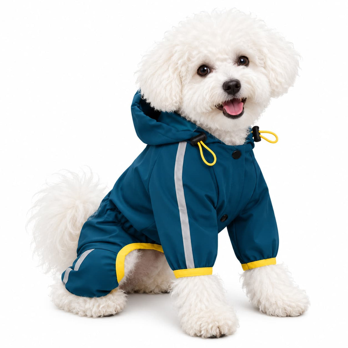 Small white dog wearing a blue waterproof full body raincoat