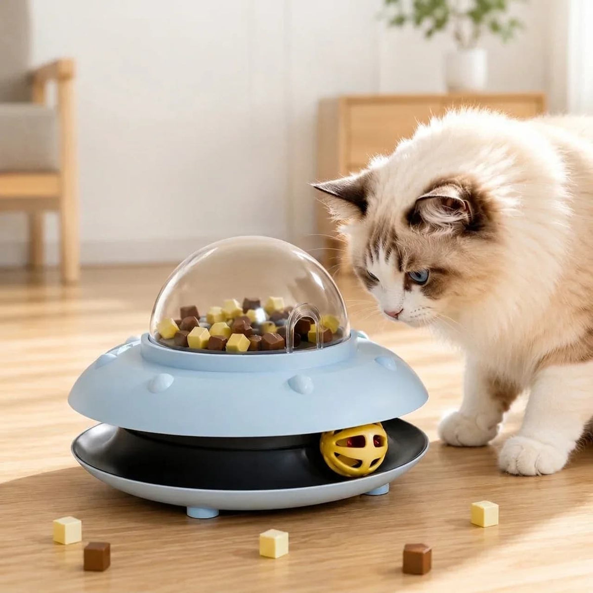 Cat using a blue interactive treat dispenser with small treats scattered nearby