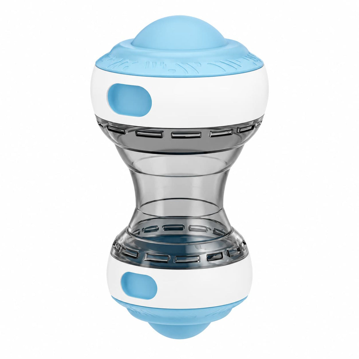 Blue and white interactive rolling dog treat dispenser toy on a white background
