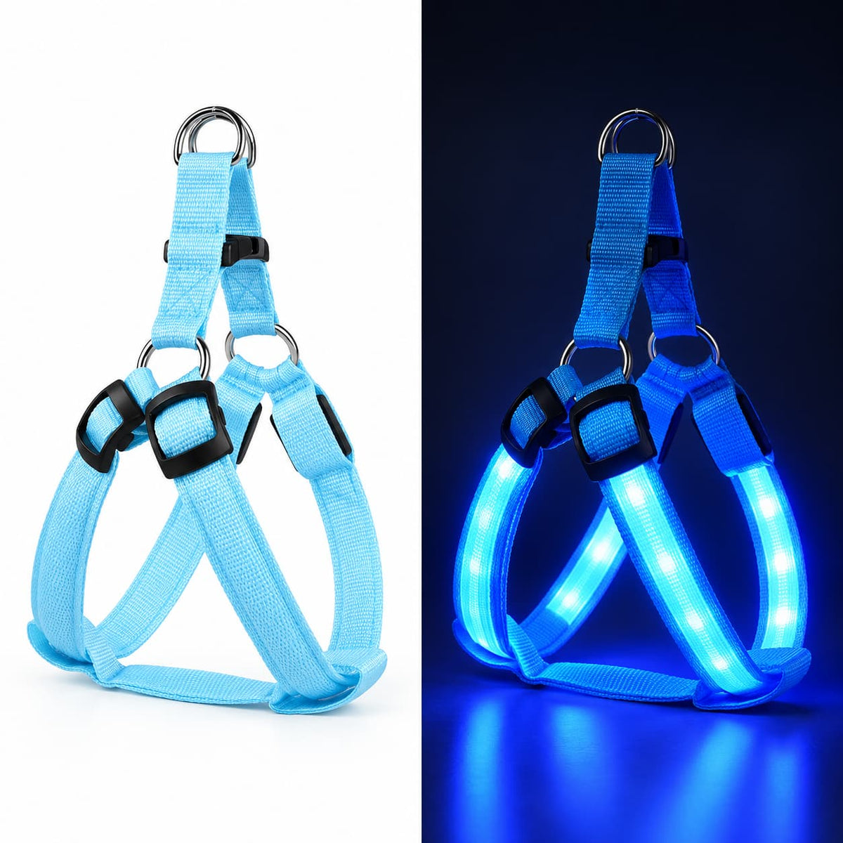 Blue LED dog safety harness shown illuminated to highlight its bright visibility lighting