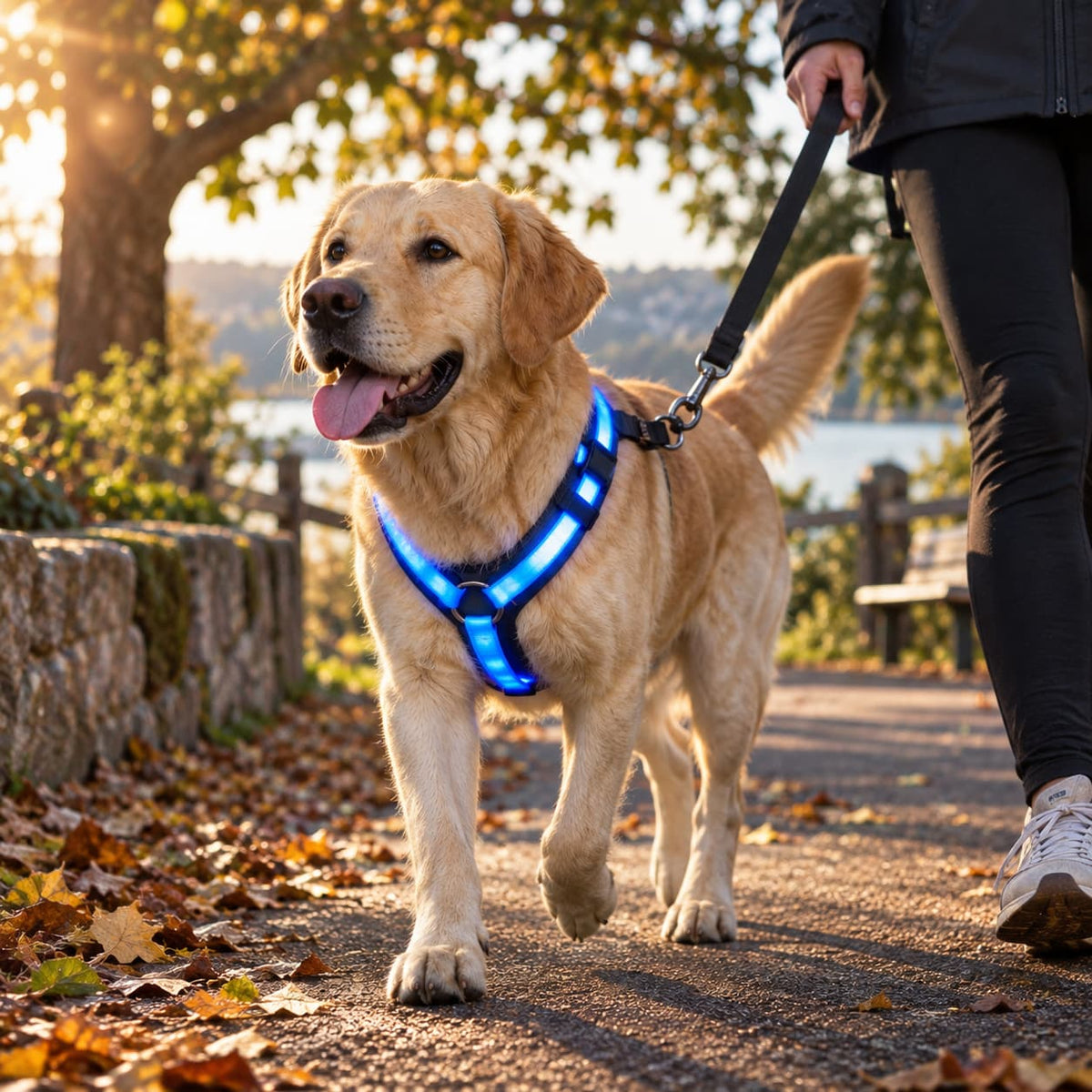 Golden Retriever wearing a glowing blue LED safety harness during a sunset park walk
