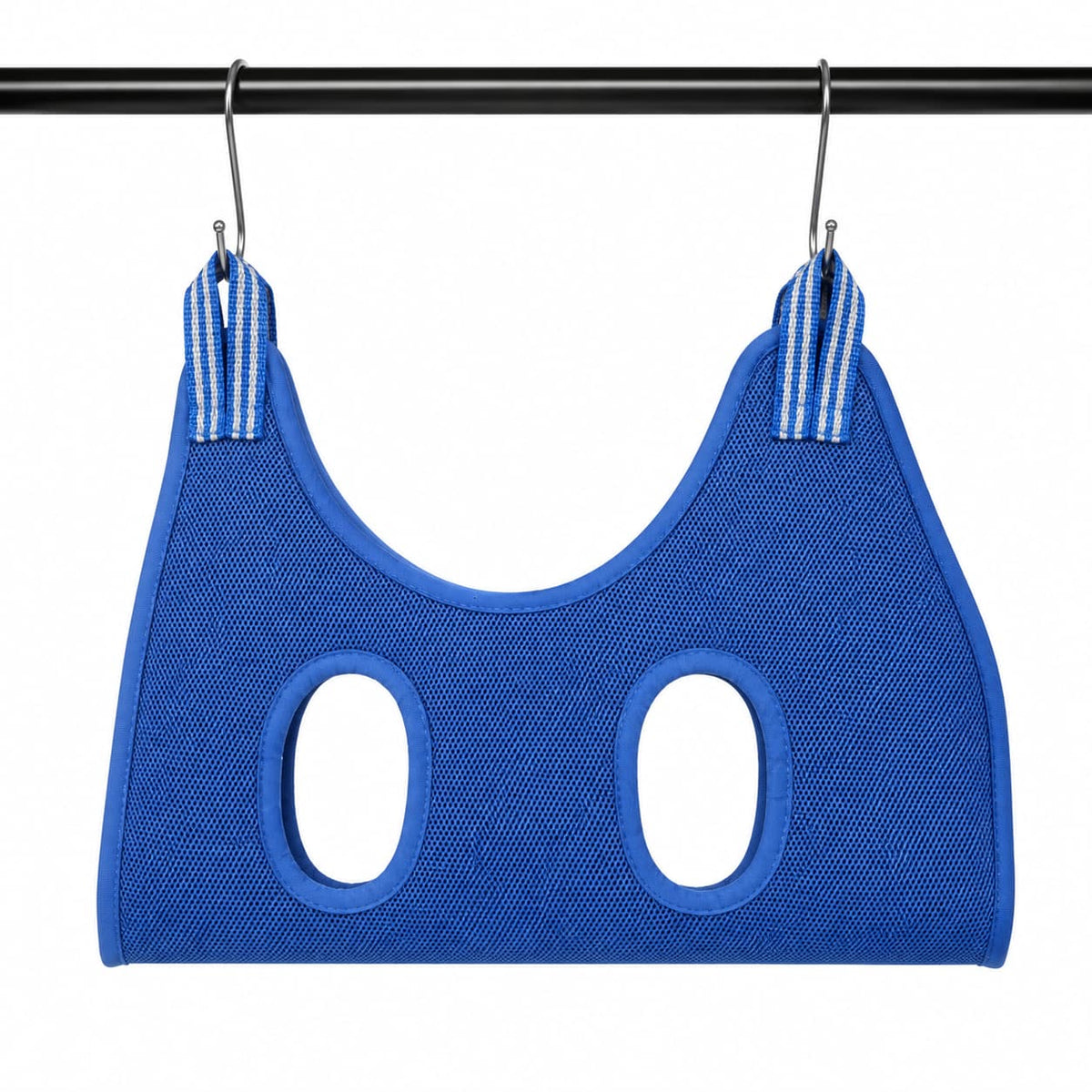 Blue mesh pet grooming hammock with leg openings designed for comfortable and convenient pet grooming