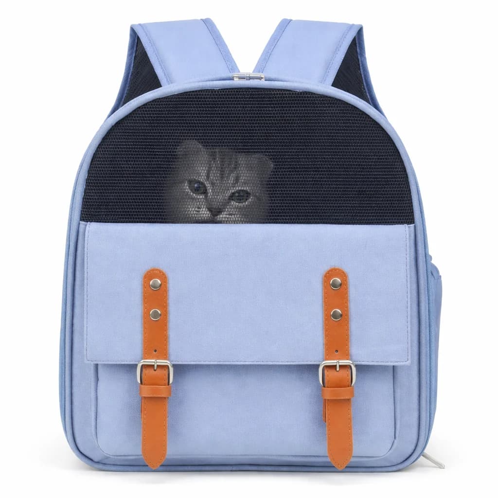 Blue pet carrier backpack with breathable mesh panel and adjustable shoulder straps