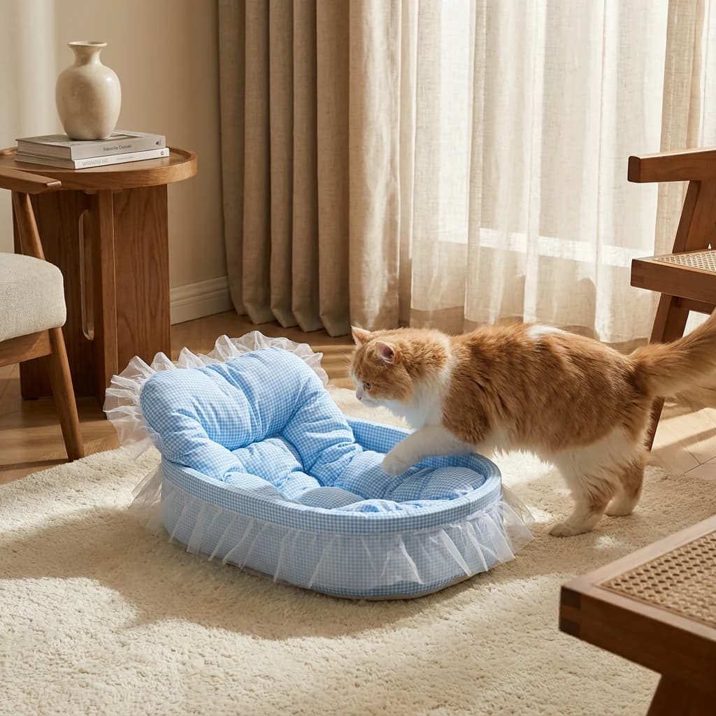 Cat approaching a soft blue cushioned pet bed in a warm home interior.