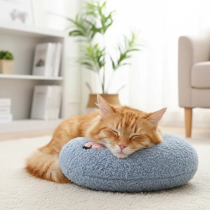 Ginger cat sleeping comfortably on a soft blue round plush cat pillow bed in a bright home