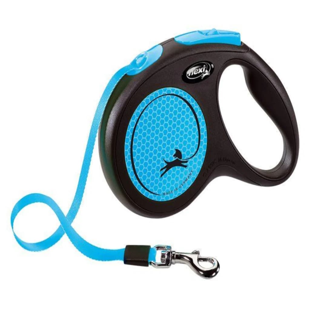 Black and blue retractable dog lead with ergonomic handle and metal clip