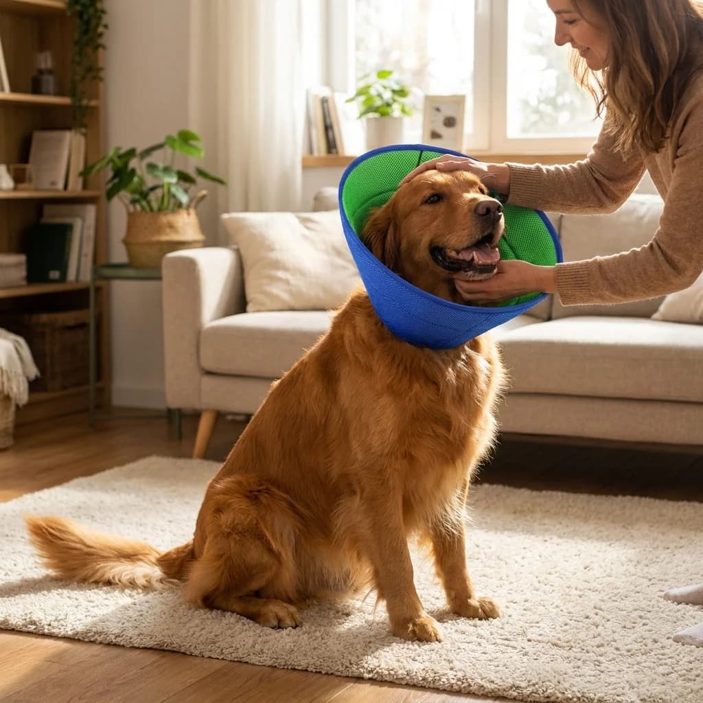 Golden Retriever wearing a soft blue recovery cone while an owner gently adjusts it indoors