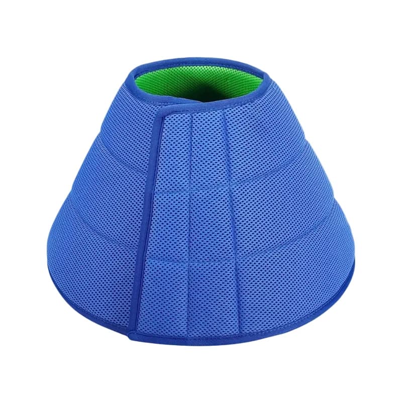 Blue soft protective pet recovery cone with breathable fabric and comfortable green inner lining