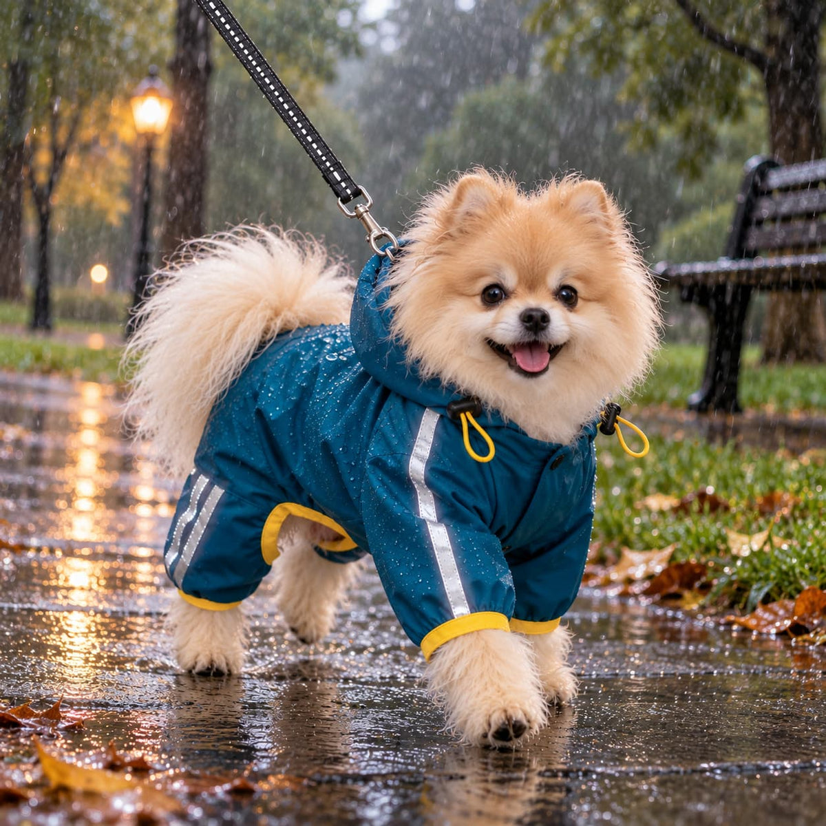 Pomeranian wearing a blue waterproof dog raincoat while walking outdoors in wet weather