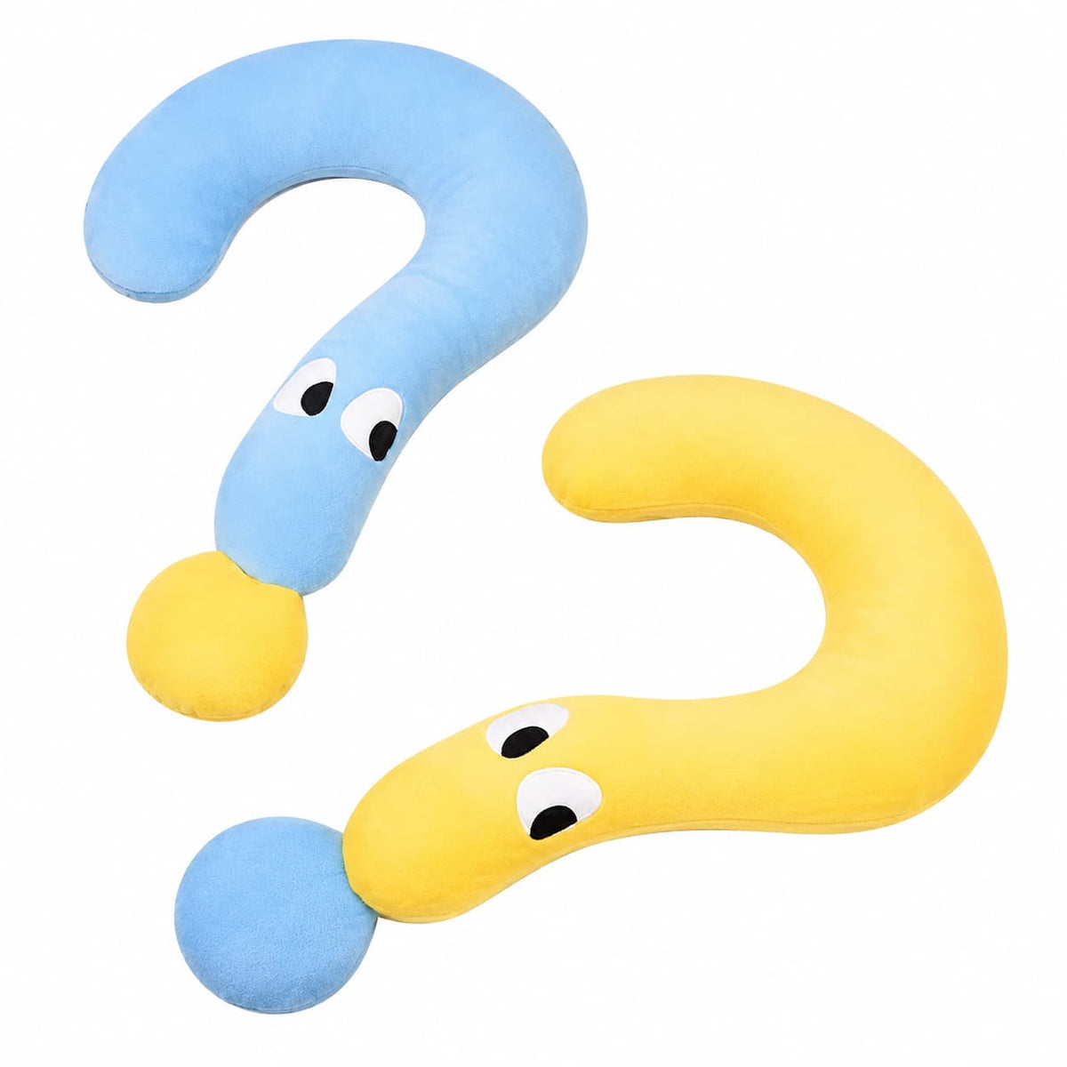 Blue and yellow curved plush pet beds displayed on a clean white background showing their soft playful design