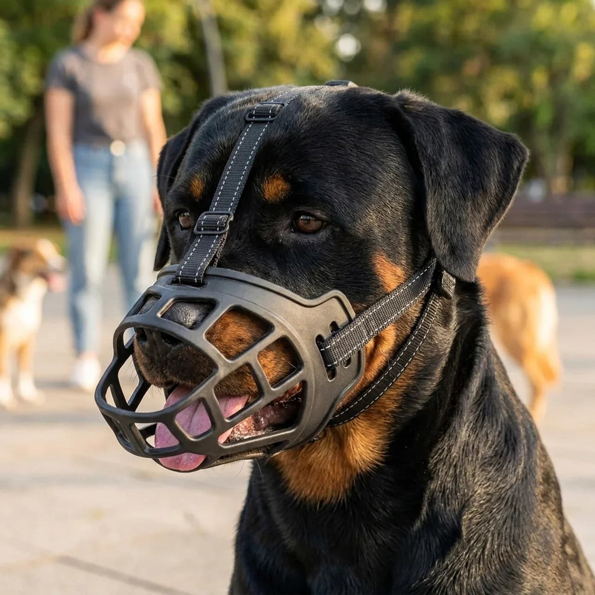 Close up of a Rottweiler wearing a breathable dog muzzle designed for large dog breeds
