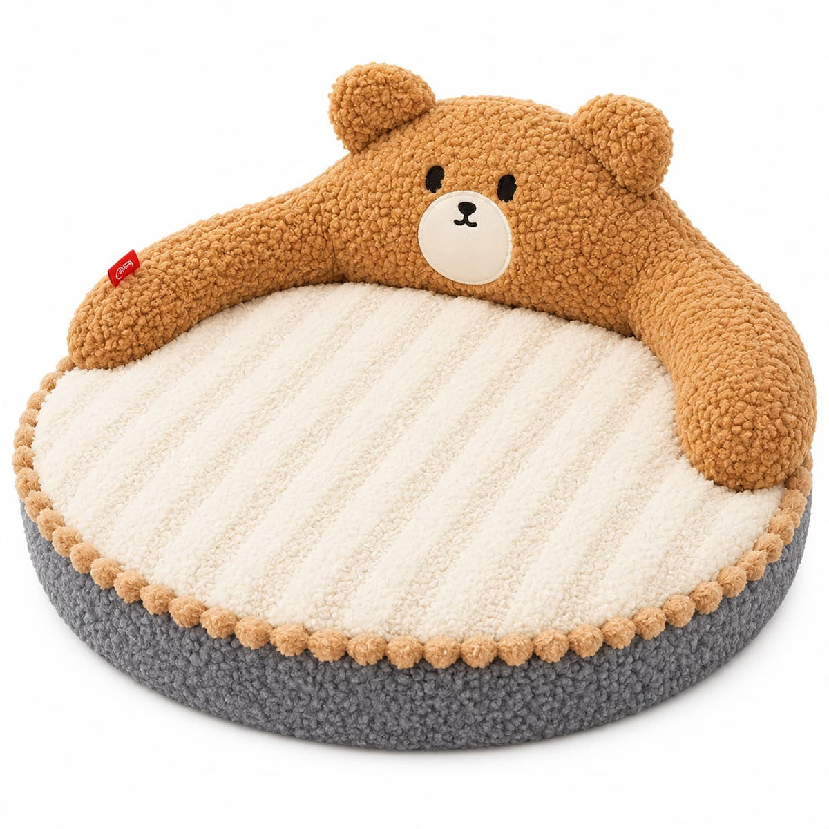 Brown and cream bear shaped plush pet bed displayed clearly on a white background