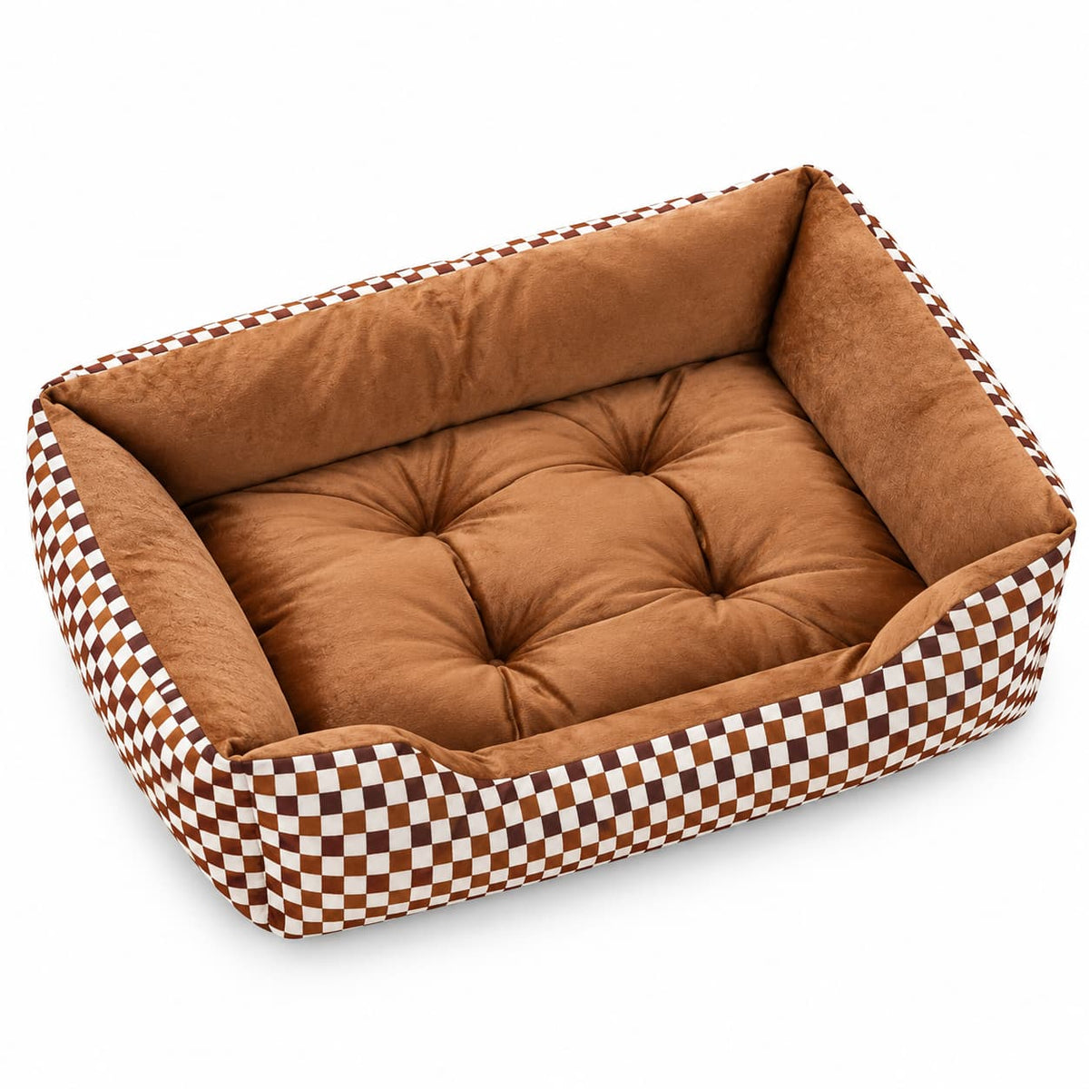 Brown cushioned pet bed with checkered outer sides and soft tufted sleeping surface