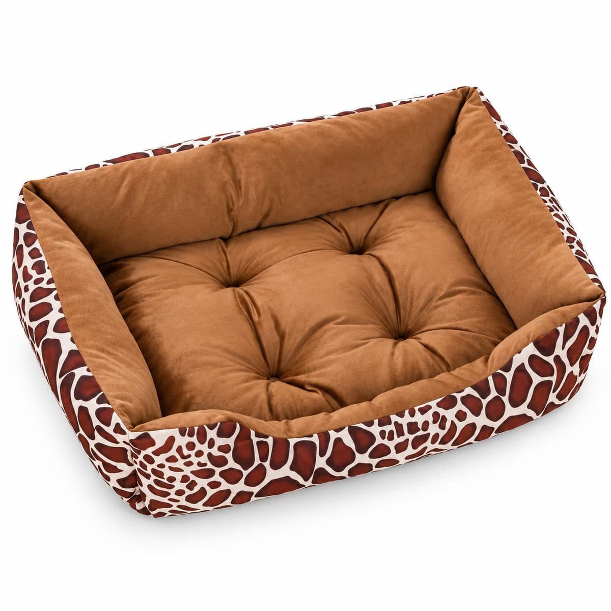 Brown cushioned pet bed with giraffe print sides and soft padded sleeping area