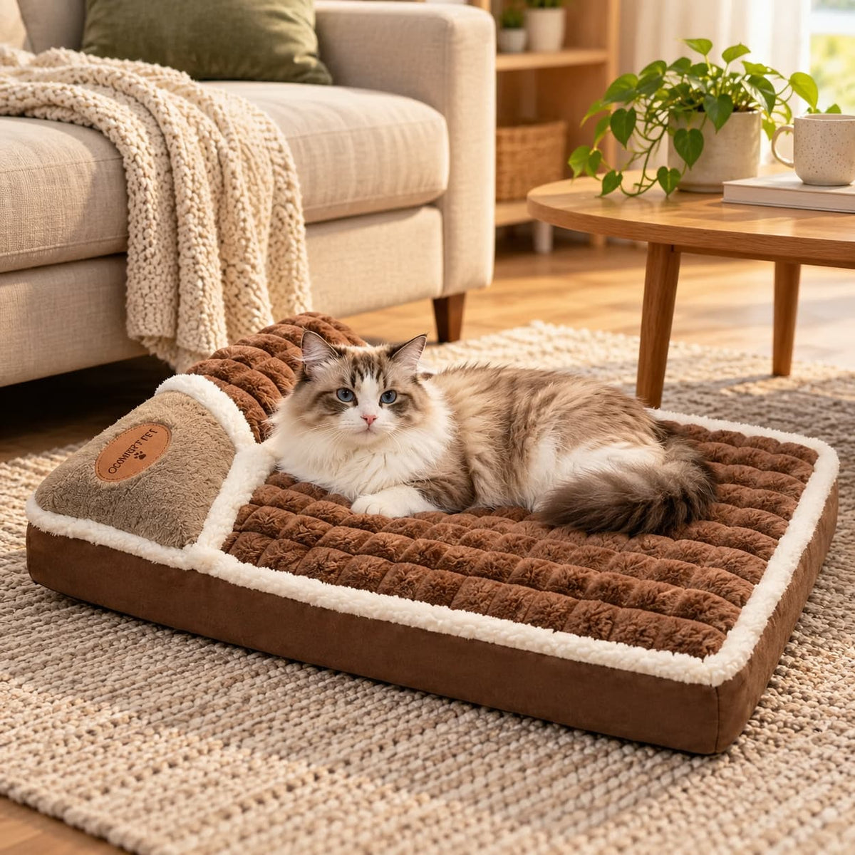 Fluffy cat relaxing on a soft brown rectangular pillow bed in a cosy modern living room