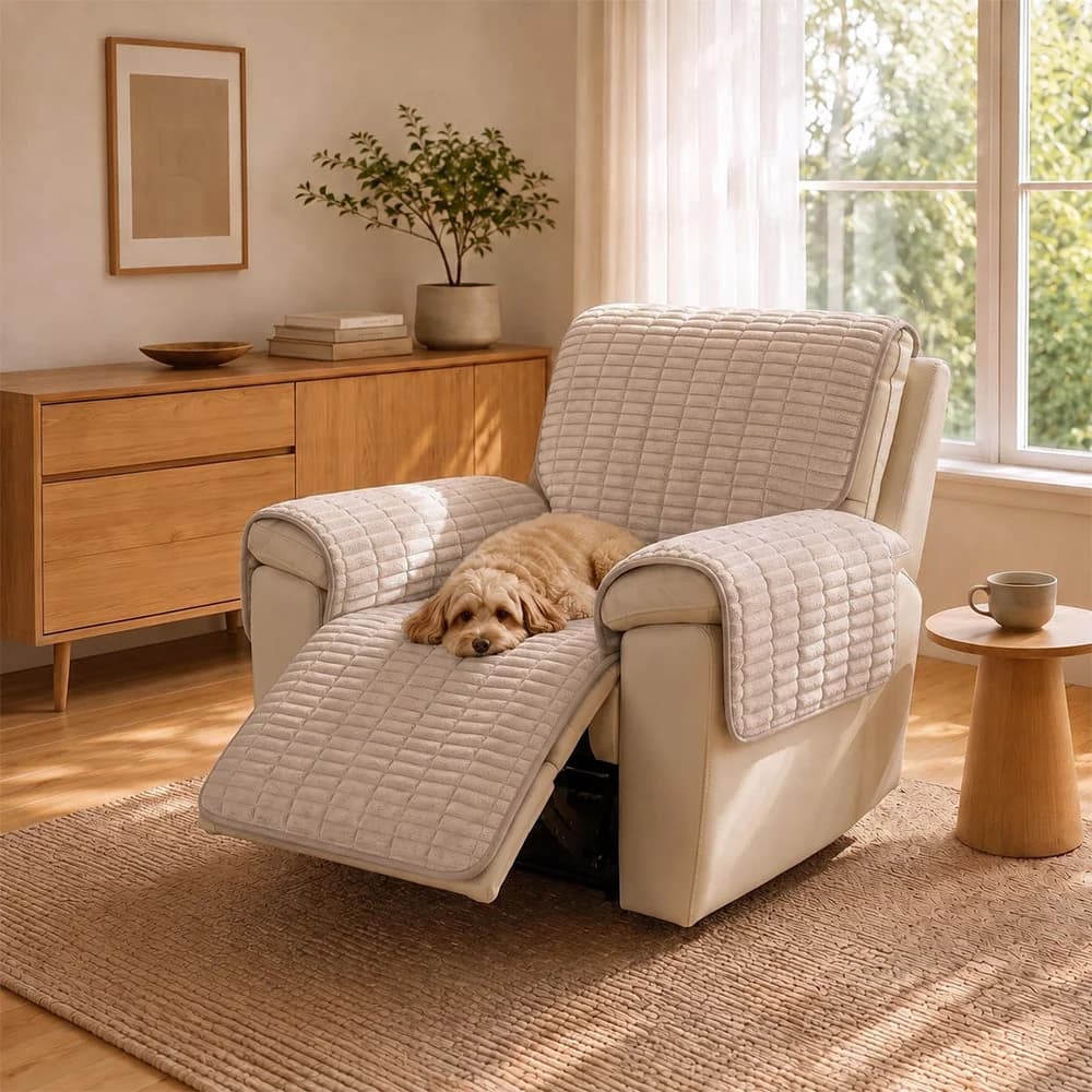Cat resting on a brown quilted recliner chair cover designed to protect upholstered seating.