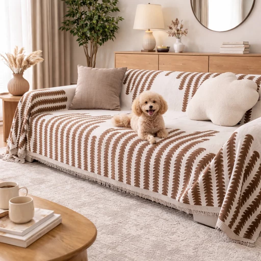 Small dog sitting on a brown striped pet sofa cover in a cosy modern living room