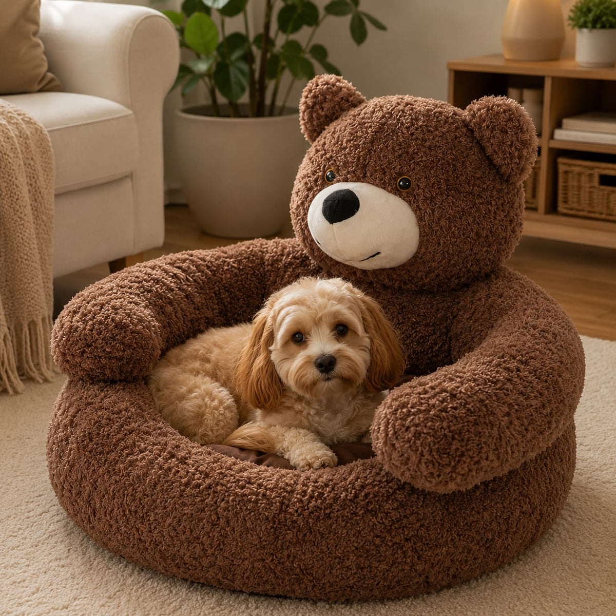 Small dog relaxing inside a cosy brown teddy bear shaped pet bed in a warm living room