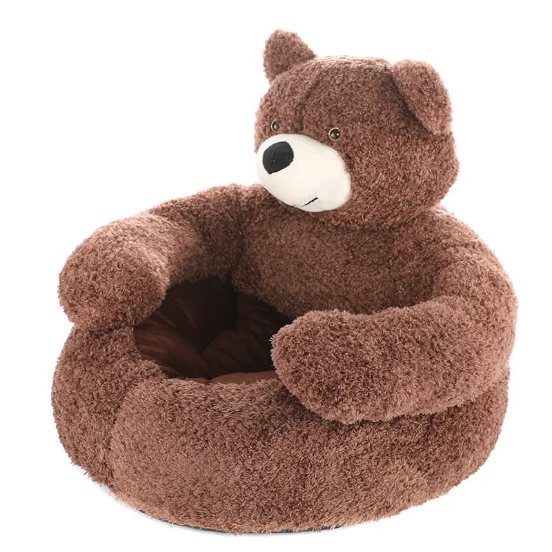 Brown plush teddy bear shaped pet bed with padded arms and a cosy round sleeping area