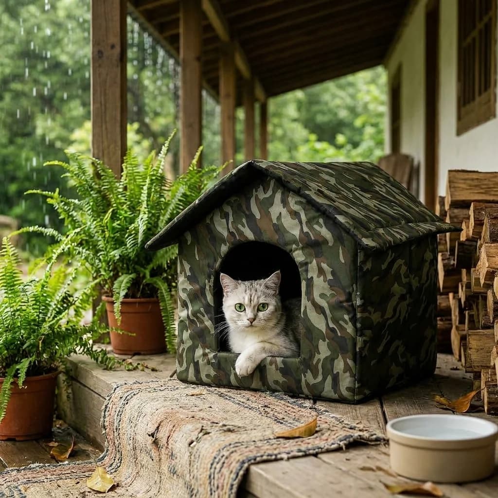 Cat sitting inside a camouflage pet house on a sheltered outdoor porch