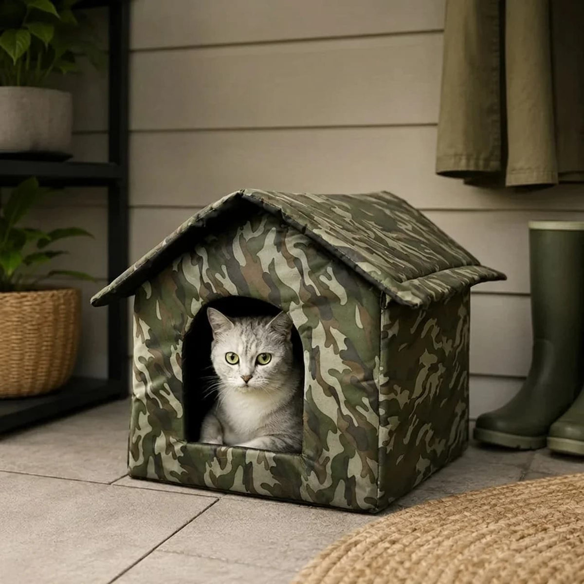 White cat relaxing inside a camouflage cat house placed indoors beside a wall