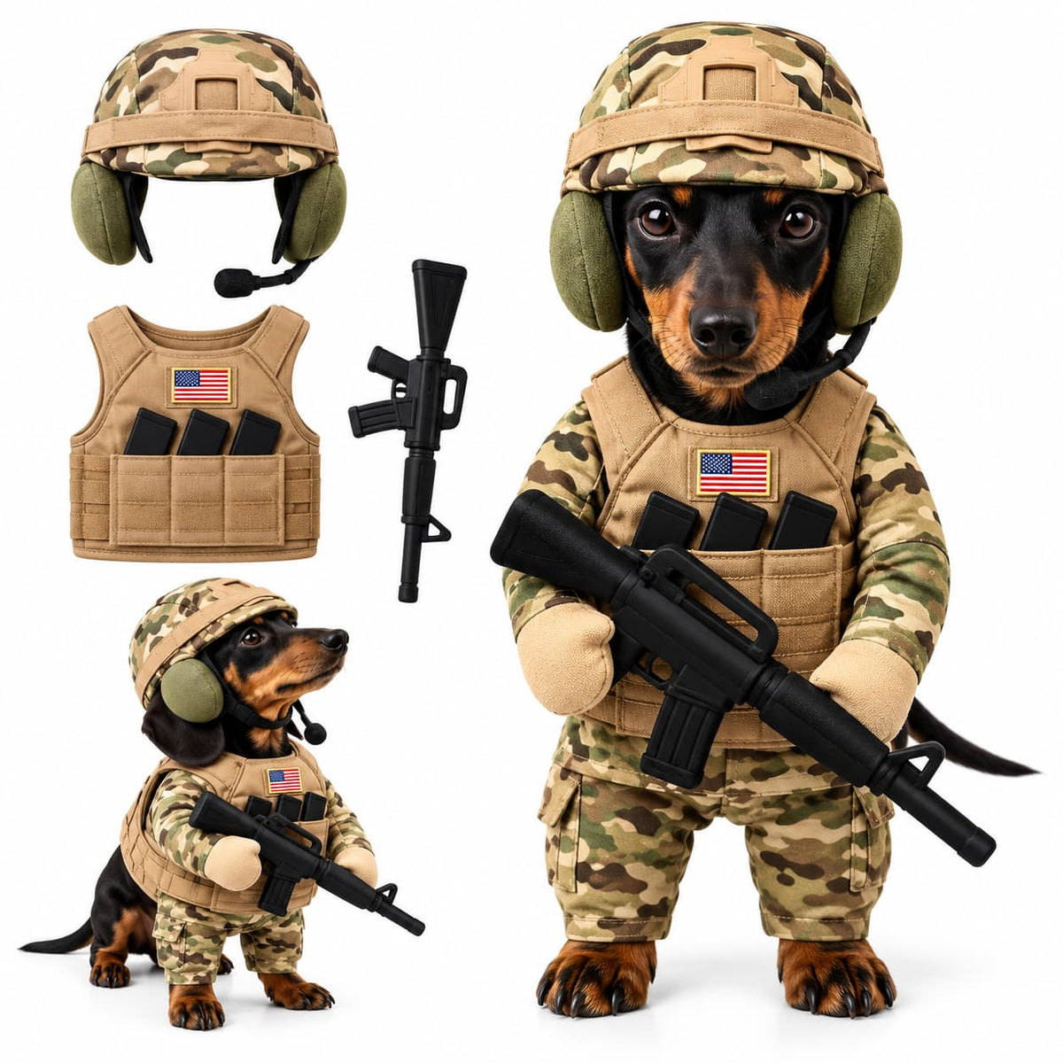 Camouflage military soldier costume for dogs featuring a helmet and detailed uniform design