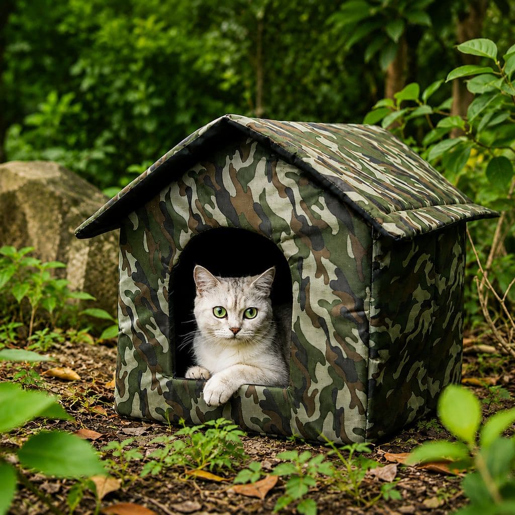 White cat resting inside a camouflage outdoor cat house surrounded by woodland greenery