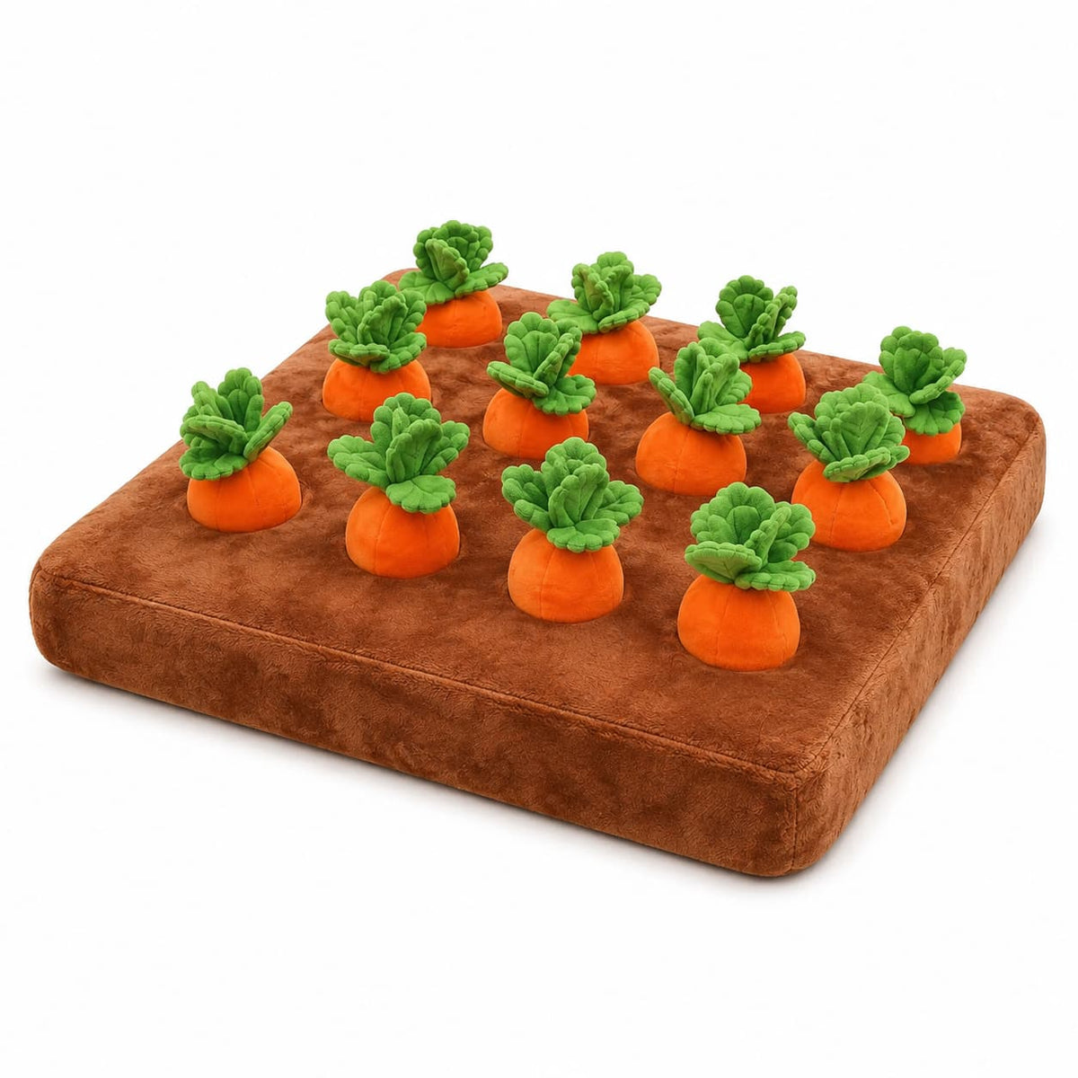 Plush brown pet snuffle mat featuring removable orange carrots and green leafy tops for interactive treat searching