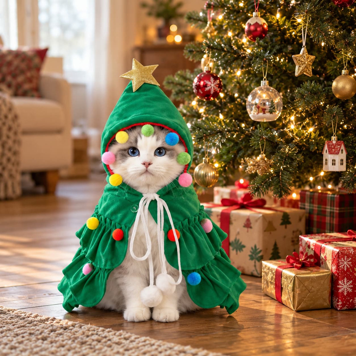 Cat wearing a green Christmas tree costume with colourful baubles in a festive living room