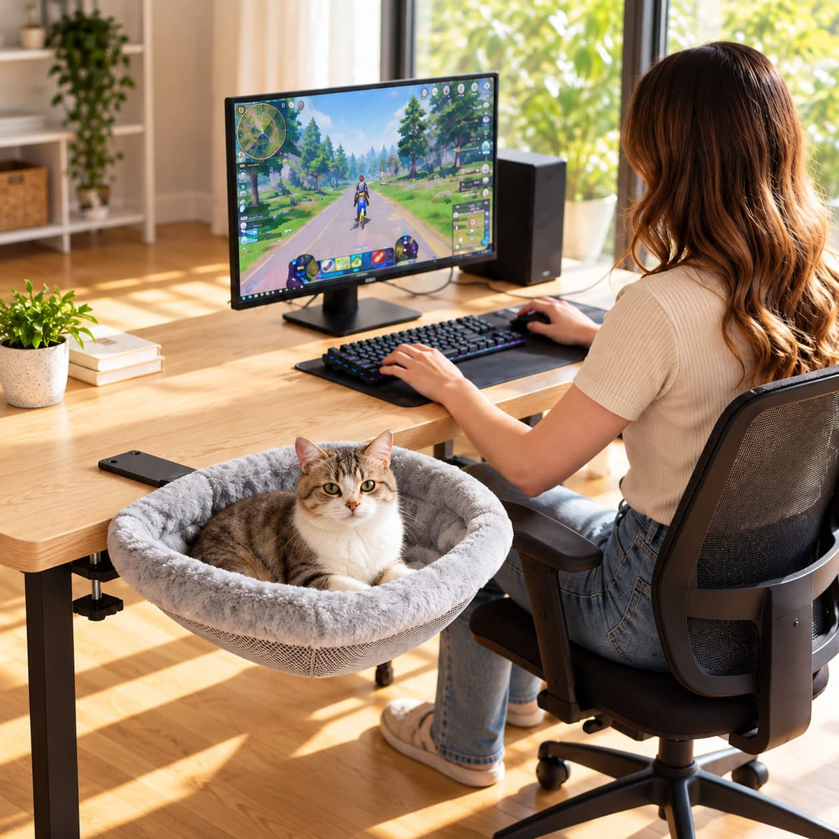 Cat resting comfortably in a grey desk mounted bed while its owner works at a computer