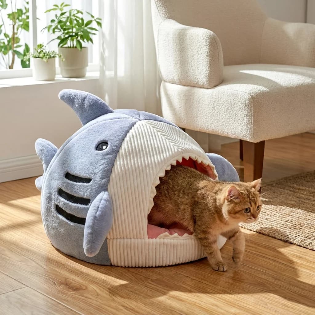Ginger cat climbing into a plush grey shark shaped pet cave bed in a cosy living room
