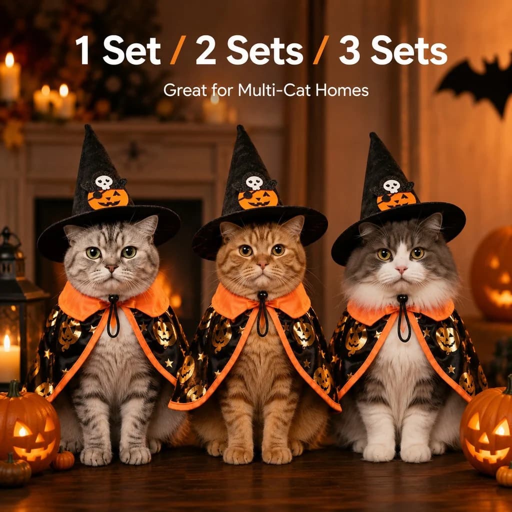 Three grey cats displaying different Halloween witch hat and cape costume set options