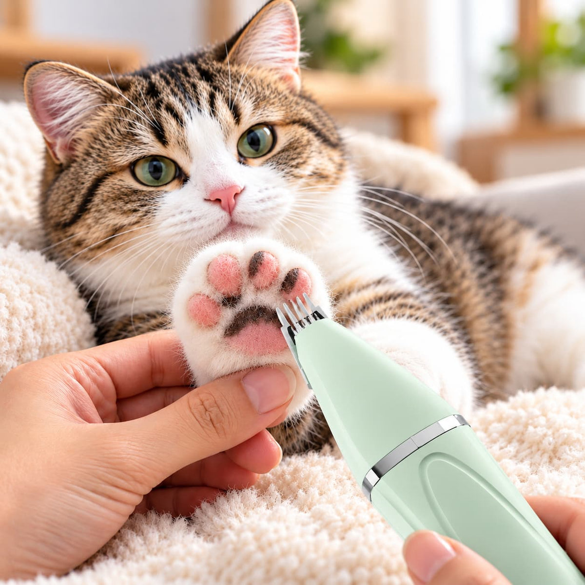 Tabby cat having its paw gently groomed with a quiet electric pet nail grinder.
