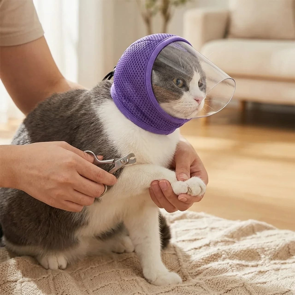 Cat wearing a purple protective cone during at home grooming