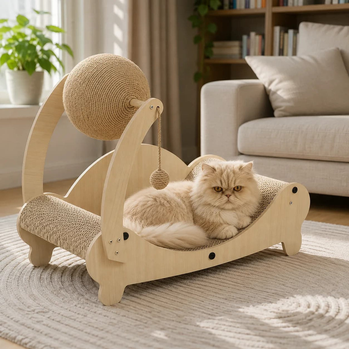 Cat resting comfortably on a curved scratching bed with wooden frame and hanging play ball