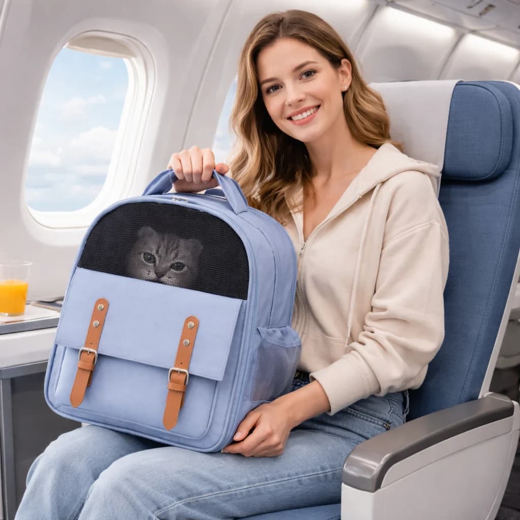 Woman holding a blue cat carrier backpack while travelling on an airplane