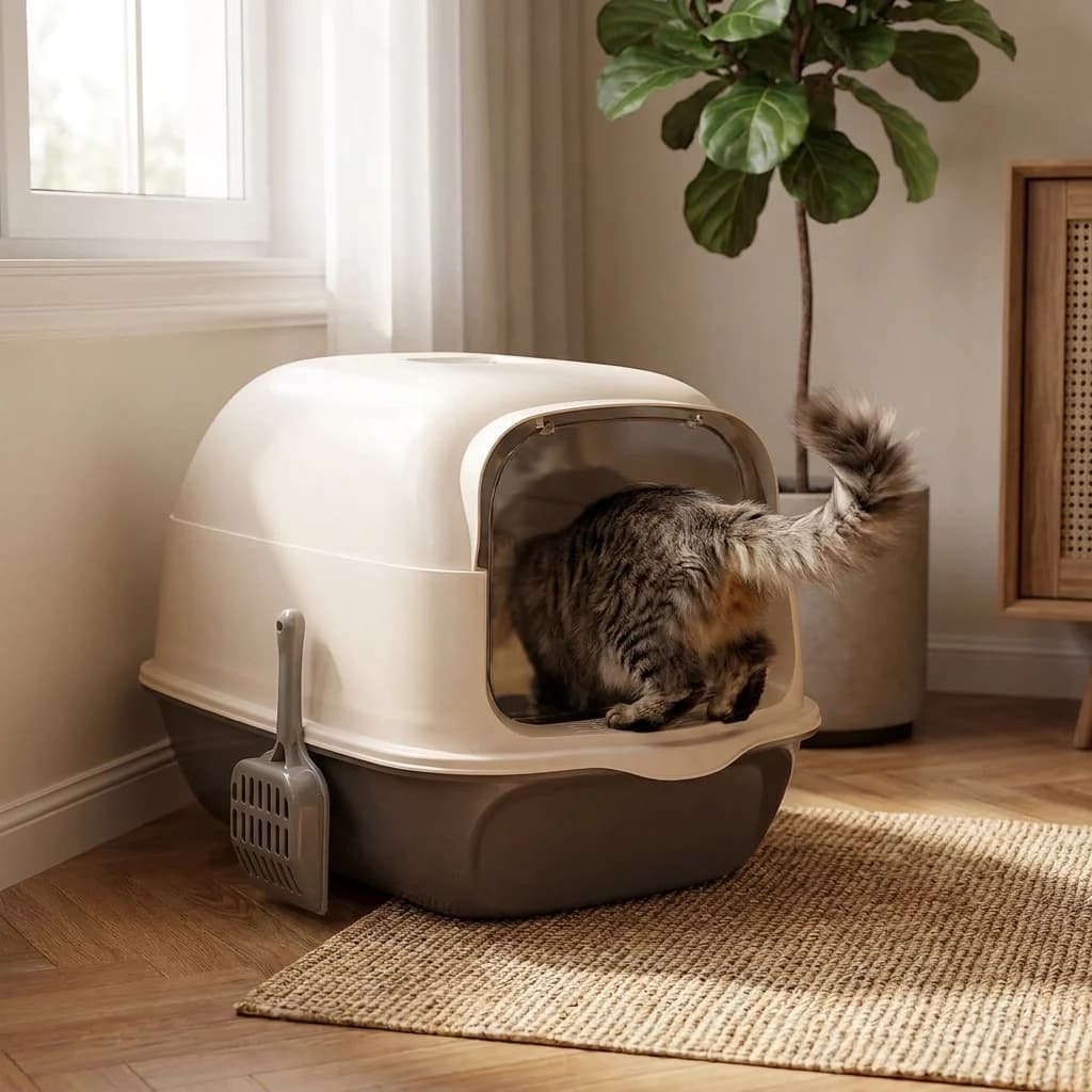 Tabby cat stepping out of a covered litter box positioned beside a living room sofa.