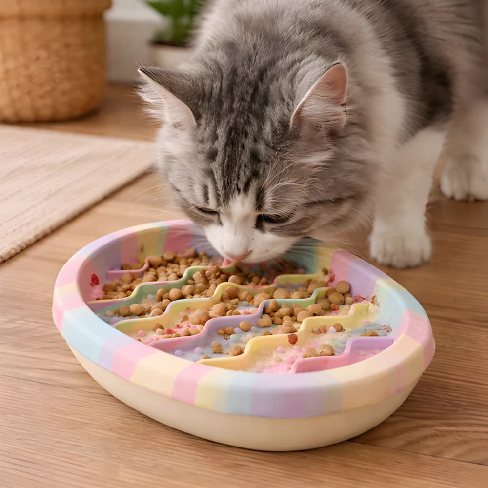 Grey cat eating dry food from a colourful pastel slow feeder bowl on a wooden floor