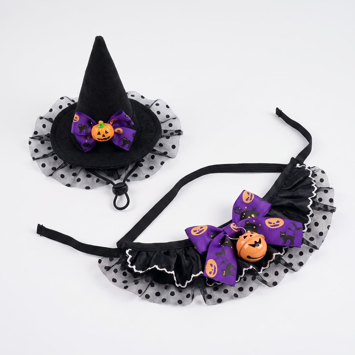 Purple and black cat witch Halloween costume set with pointed hat and decorative collar on a white background